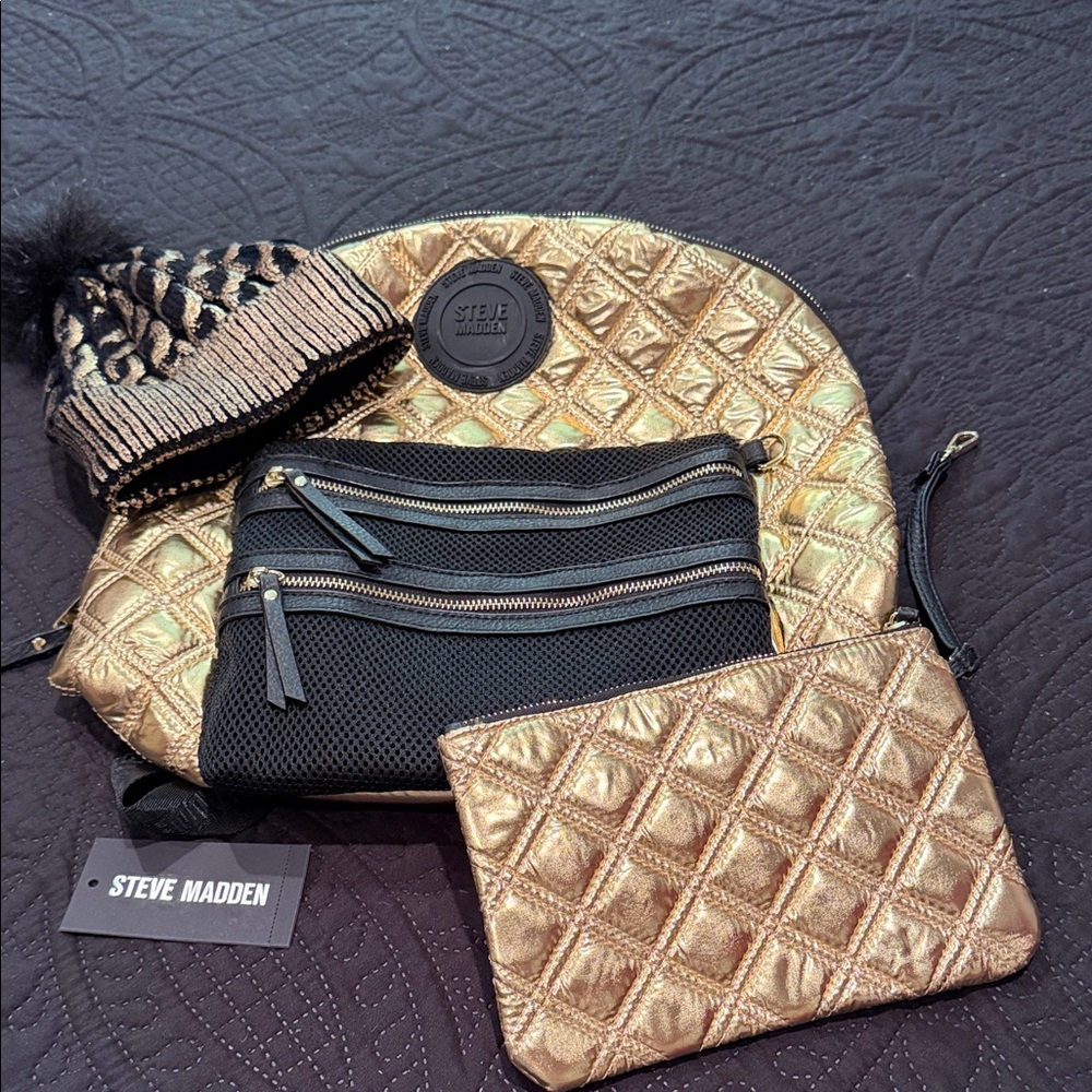 Steve Madden Quilted Metallic Gold and Black Backpack Set. - Picture 1 of 14